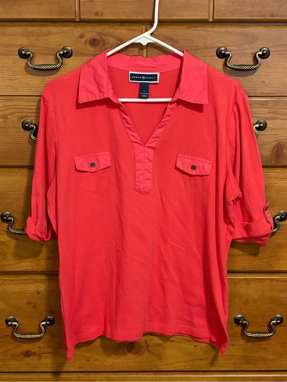 Karen Scott Coral Button-Detail Popover Shirt